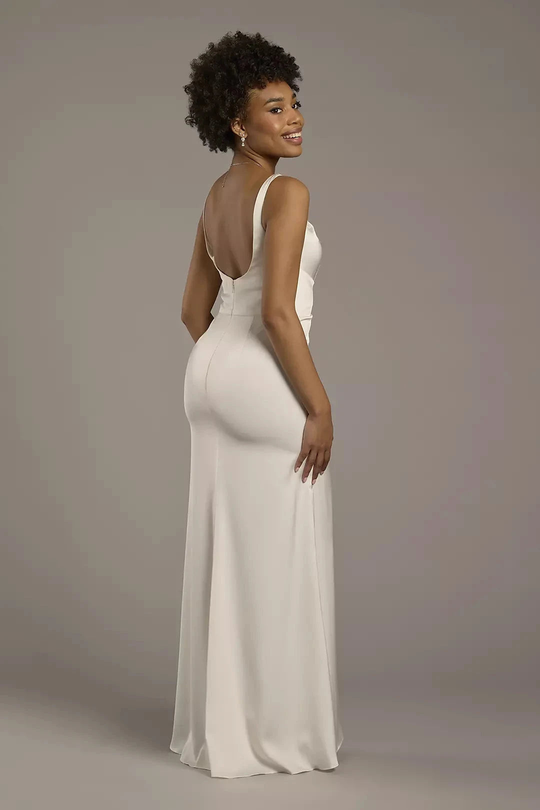 Sleek Modern Mermaid Square-Neck Spaghetti-Strap Satin Ruched Bodice Low-Back High-Slit Wedding Dress by YiHuiw