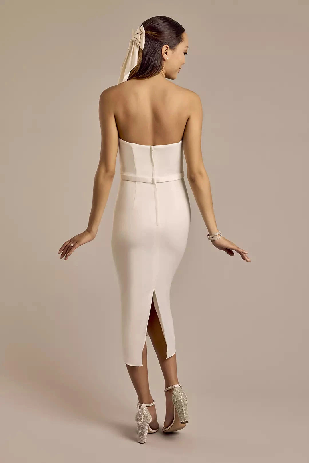 Sleek Modern Sheath Strapless Sweetheart Satin Waist-Banded Midi High-Slit Wedding Dress by YiHuiw