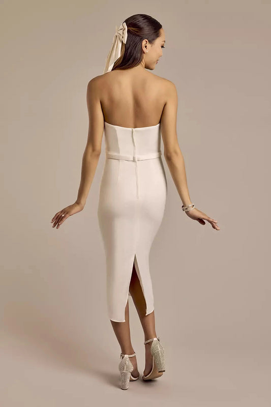Sleek Modern Sheath Strapless Sweetheart Satin Waist-Banded Midi High-Slit Wedding Dress by YiHuiw