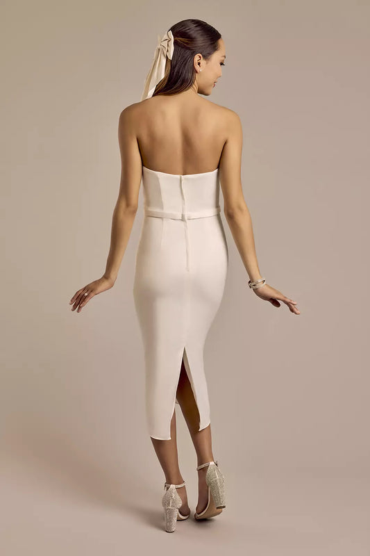 Sleek Modern Sheath Strapless Sweetheart Satin Waist-Banded Midi High-Slit Wedding Dress