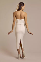 Sleek Modern Sheath Strapless Sweetheart Satin Waist-Banded Midi High-Slit Wedding Dress