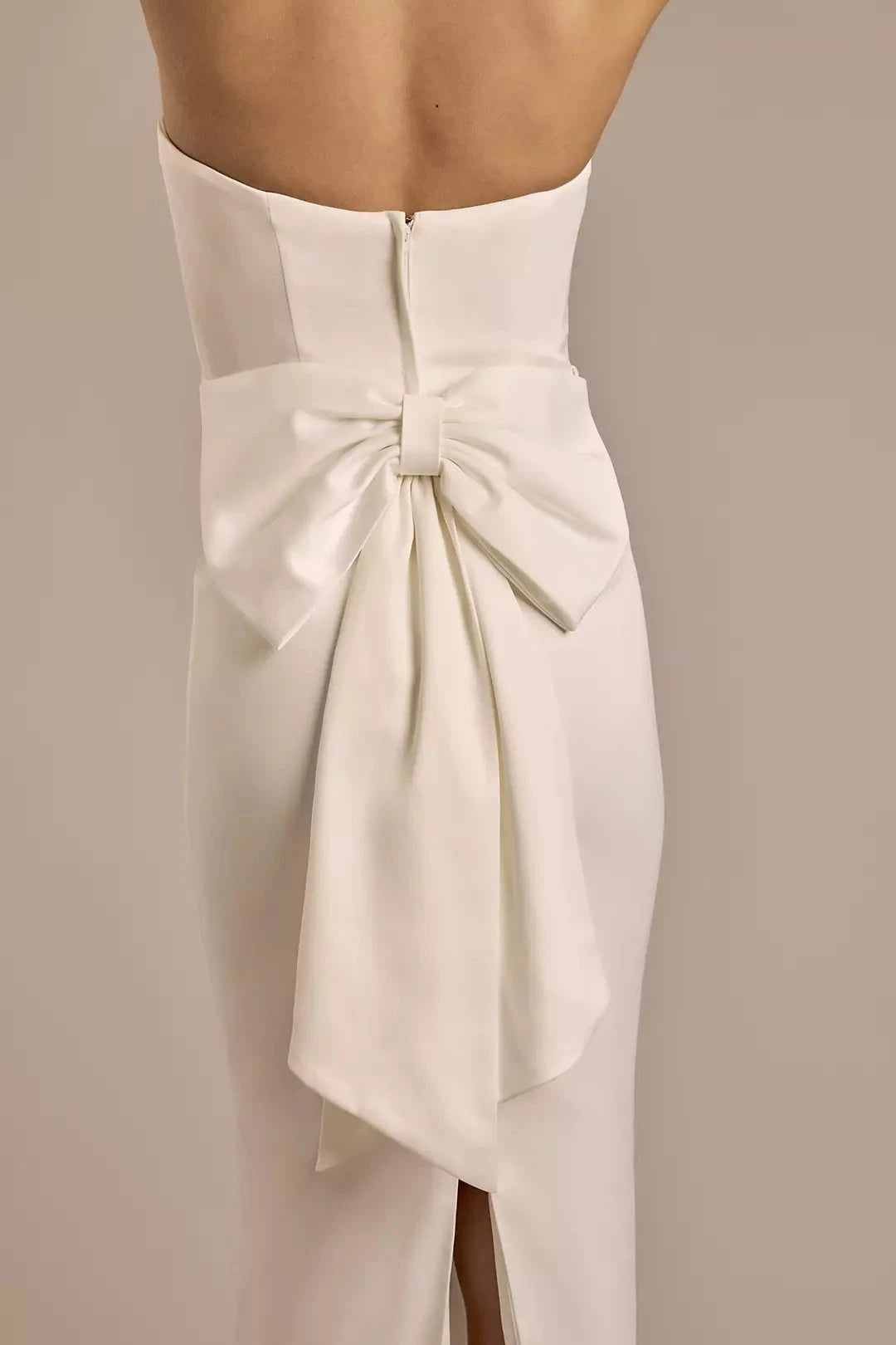 Sleek Modern Sheath Strapless Sweetheart Satin Waist-Banded Midi High-Slit Wedding Dress by YiHuiw
