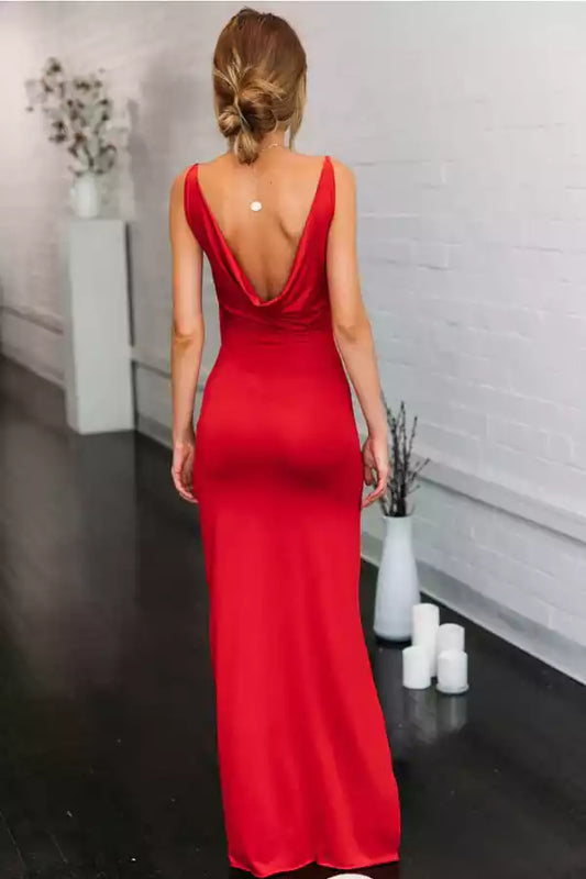 Sleek Red Satin Mermaid Dress with Plunge V-Neck & Cowl Back