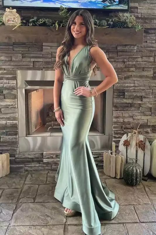 Sleek Sage Green Satin Mermaid Dress with Halter Neck & Tie-Back Detail