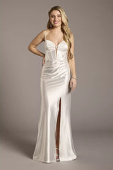Sleek Satin Mermaid Spaghetti-Strap Plunging V-Neck High-Slit Low-Back Wedding Dress