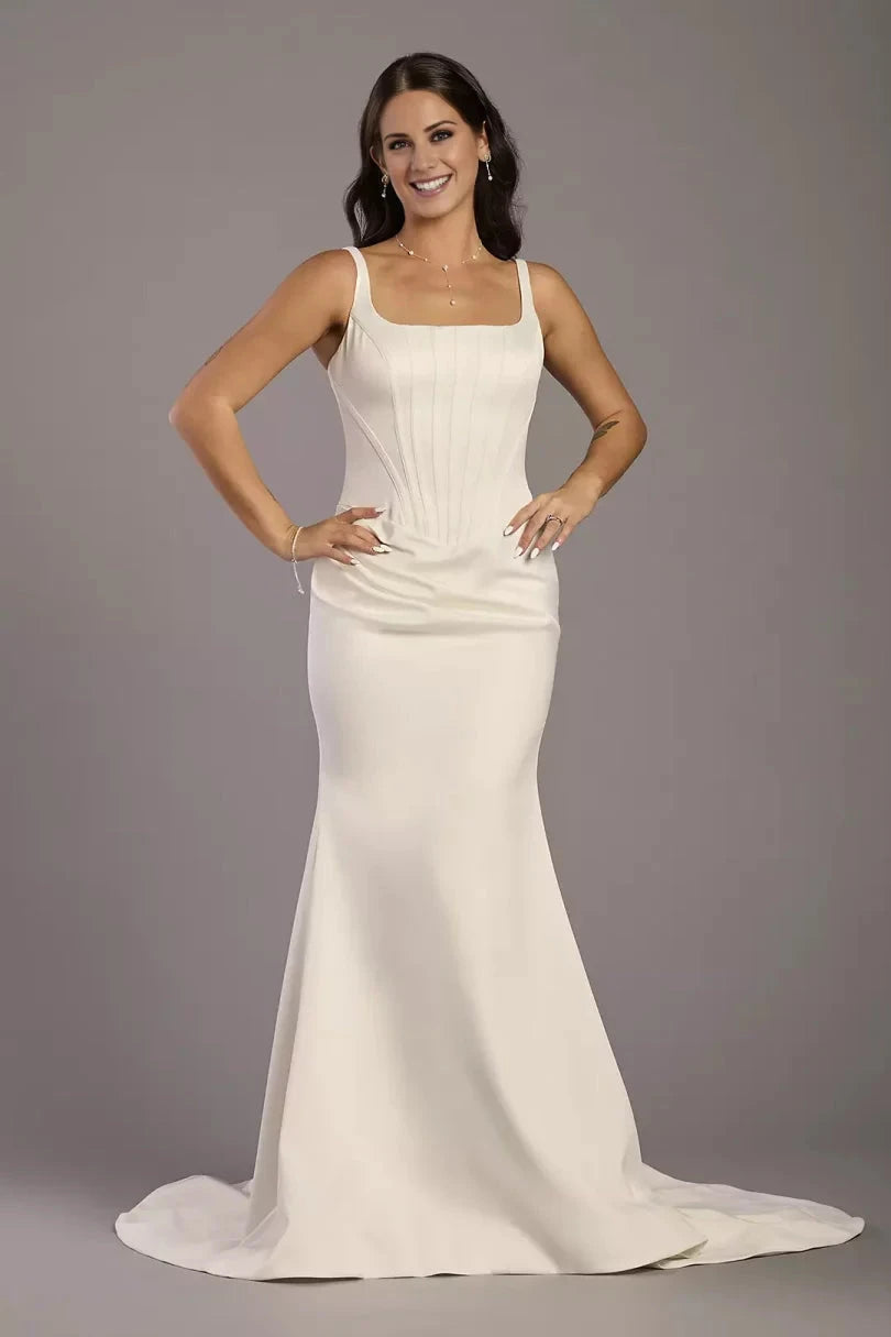 Sleek Satin Mermaid Square-Neck Pleated-Bodice Low-Back Train Wedding Dress by YiHuiw