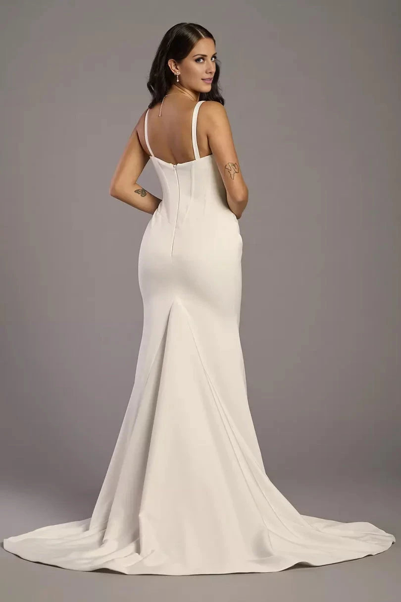 Sleek Satin Mermaid Square-Neck Pleated-Bodice Low-Back Train Wedding Dress by YiHuiw