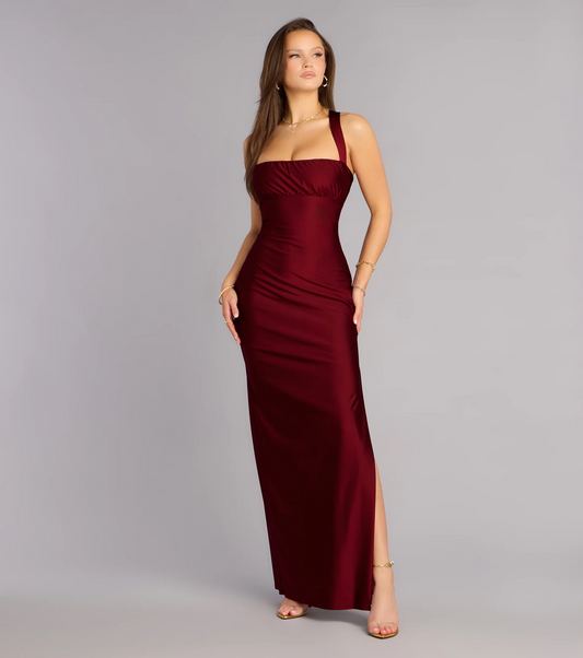 Sleek Satin One-Shoulder Ruched Waist Cutout Lace-Up Back High Slit Maxi Prom Dress
