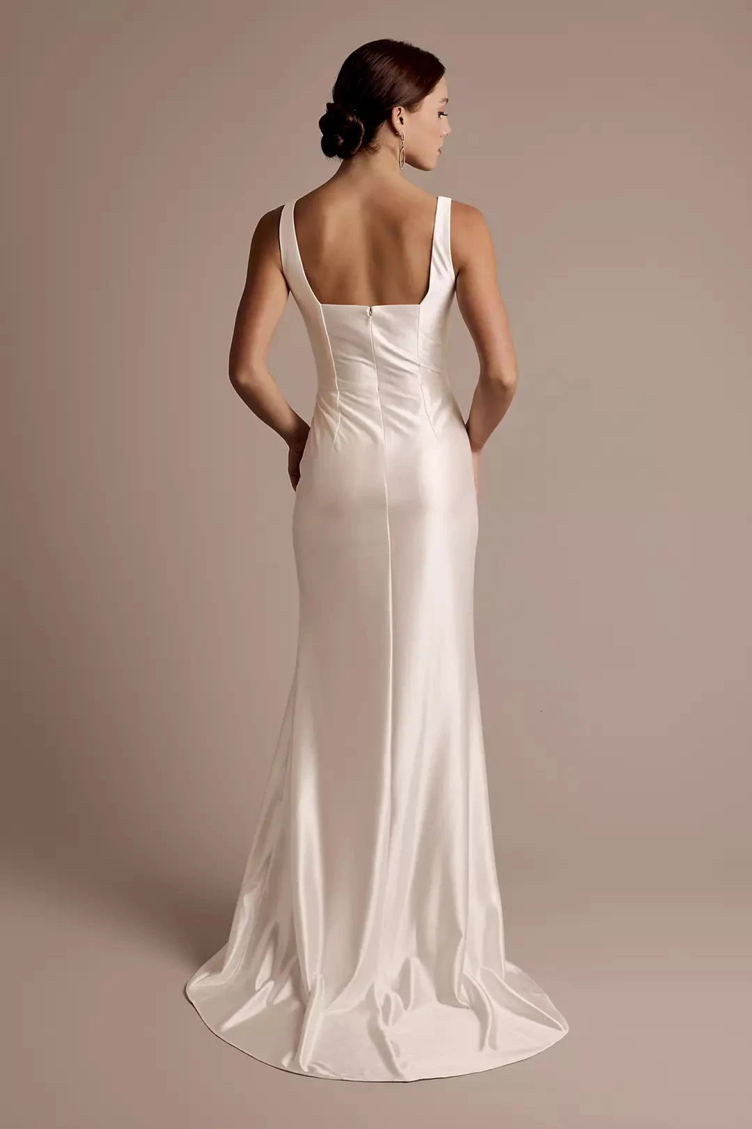 Sleek Satin Trumpet Square-Neck Low-Back High-Slit Train Wedding Dress by YiHuiw