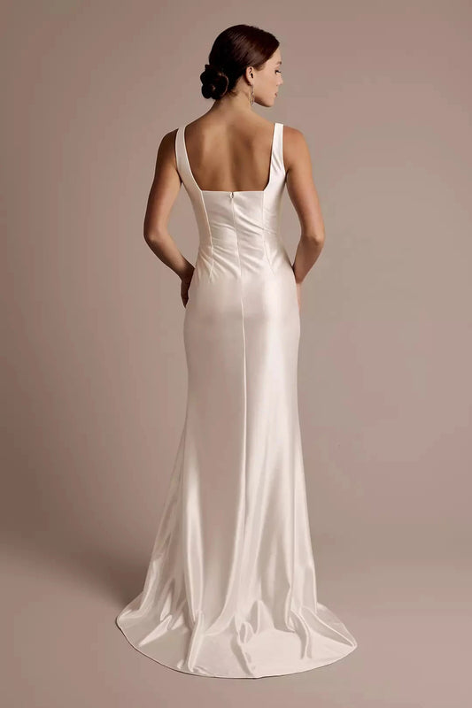 Sleek Satin Trumpet Square-Neck Low-Back High-Slit Train Wedding Dress by YiHuiw