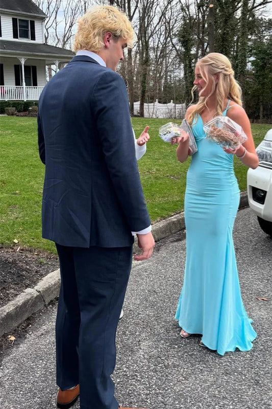 Sleek Spaghetti Strap Plunge V-Neck Open Back Ruched Mermaid Prom Dress by JiMiss Dresses