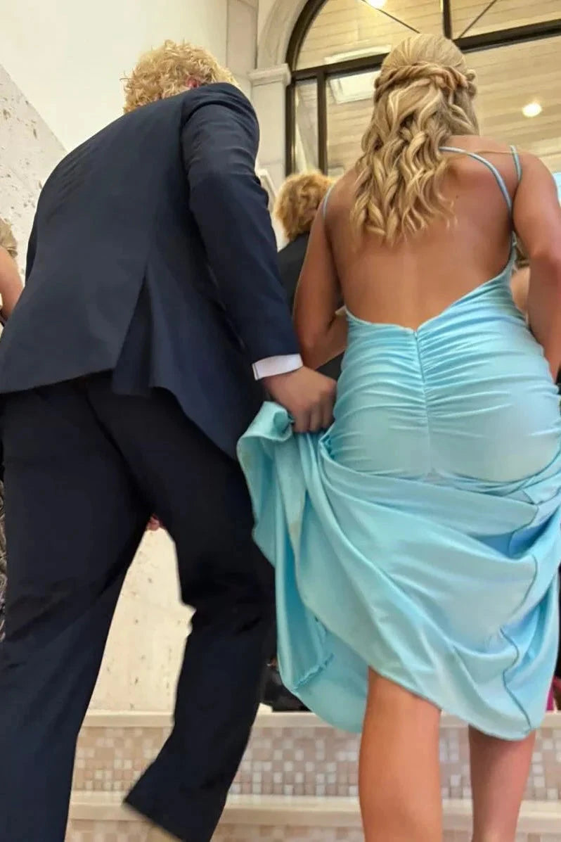 Sleek Spaghetti Strap Plunge V-Neck Open Back Ruched Mermaid Prom Dress by JiMiss Dresses