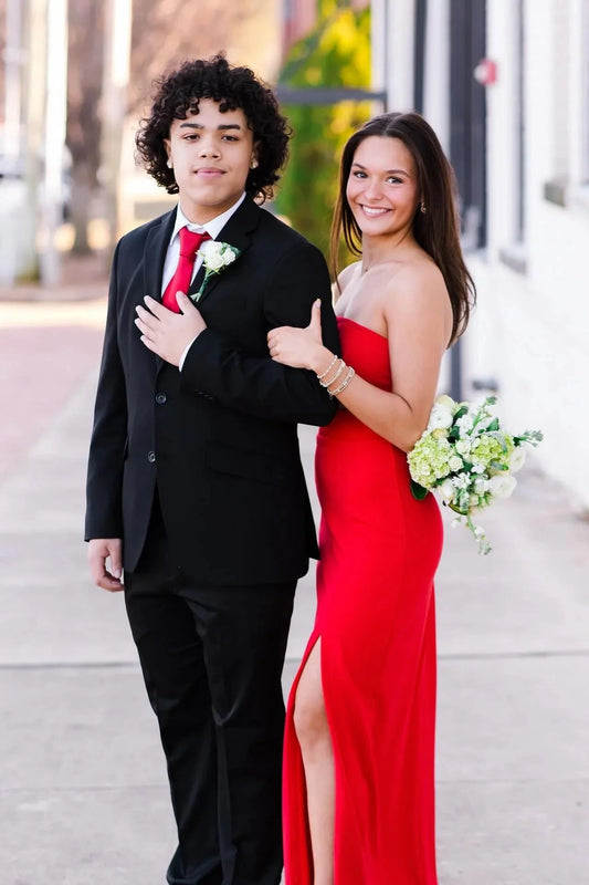 Sleek Strapless Prom Dresses with Crisscross Bodice, Waist Cutout, Daring High Slit and Form-Fitting Maxi Silhouette Formal Gown by JiMiss Dresses