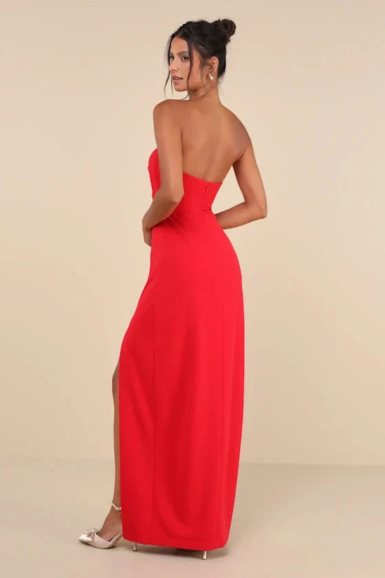 Sleek Strapless Prom Dresses with Crisscross Bodice, Waist Cutout, Daring High Slit and Form-Fitting Maxi Silhouette Formal Gown by JiMiss Dresses