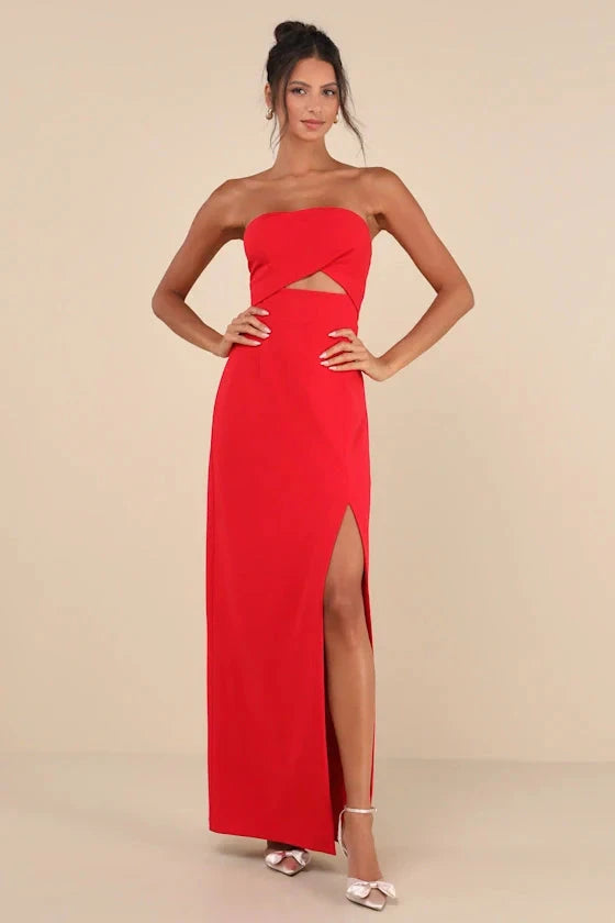 Sleek Strapless Prom Dresses with Crisscross Bodice, Waist Cutout, Daring High Slit and Form-Fitting Maxi Silhouette Formal Gown by JiMiss Dresses