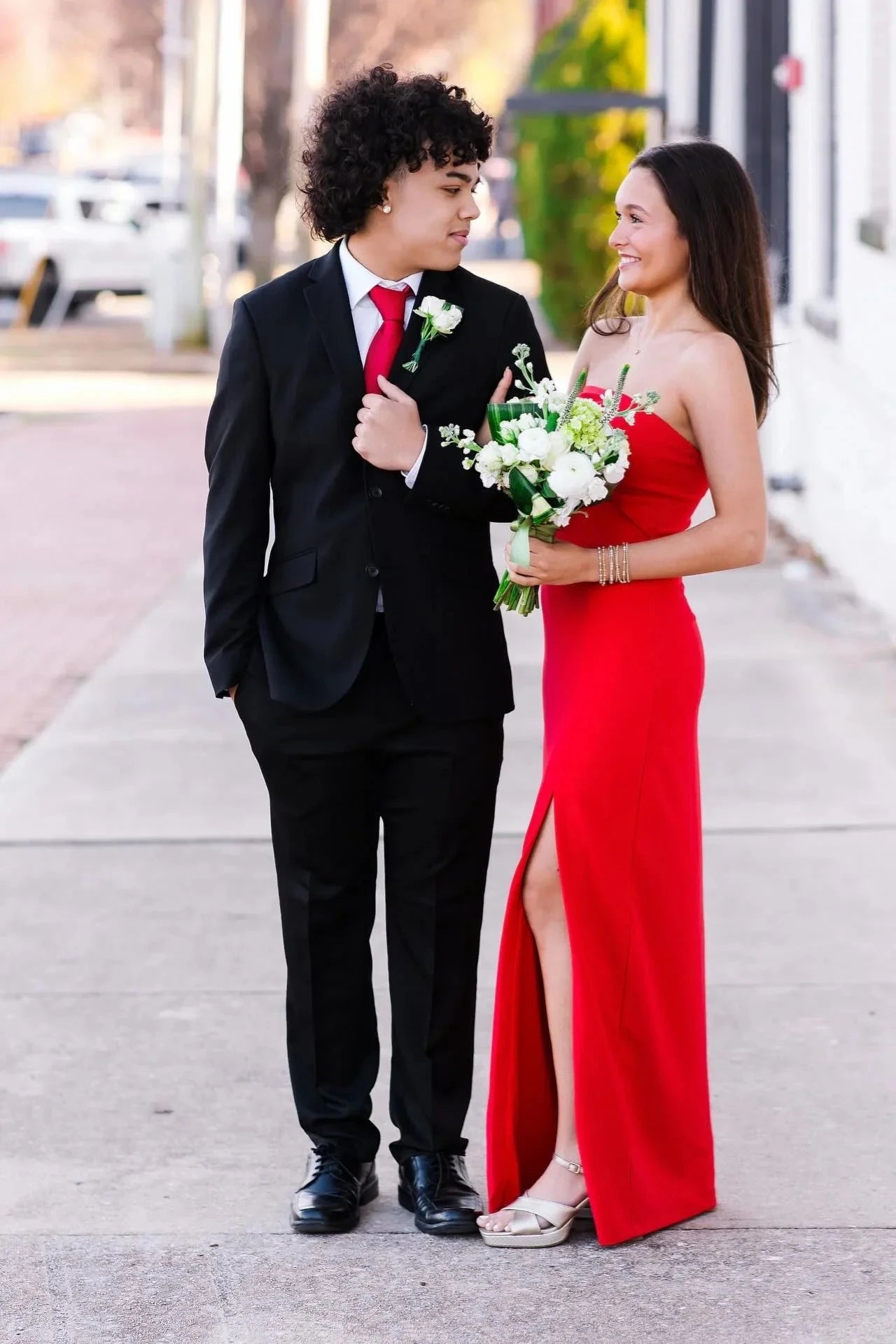 Sleek Strapless Prom Dresses with Crisscross Bodice, Waist Cutout, Daring High Slit and Form-Fitting Maxi Silhouette Formal Gown by JiMiss Dresses