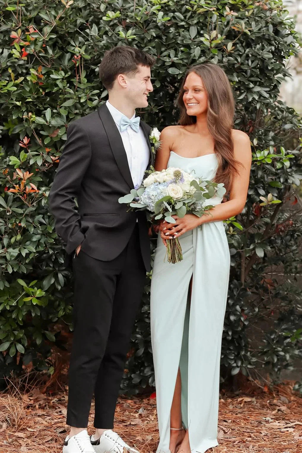 Sleek Strapless Prom Dresses with Sweetheart Neckline, Ruched Waist Detail, High Slit and Form-Fitting Satin Maxi Silhouette Formal Gown by JiMiss Dresses