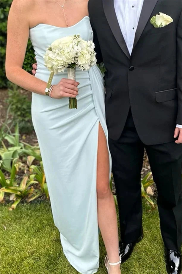 Sleek Strapless Prom Dresses with Sweetheart Neckline, Ruched Waist Detail, High Slit and Form-Fitting Satin Maxi Silhouette Formal Gown by JiMiss Dresses