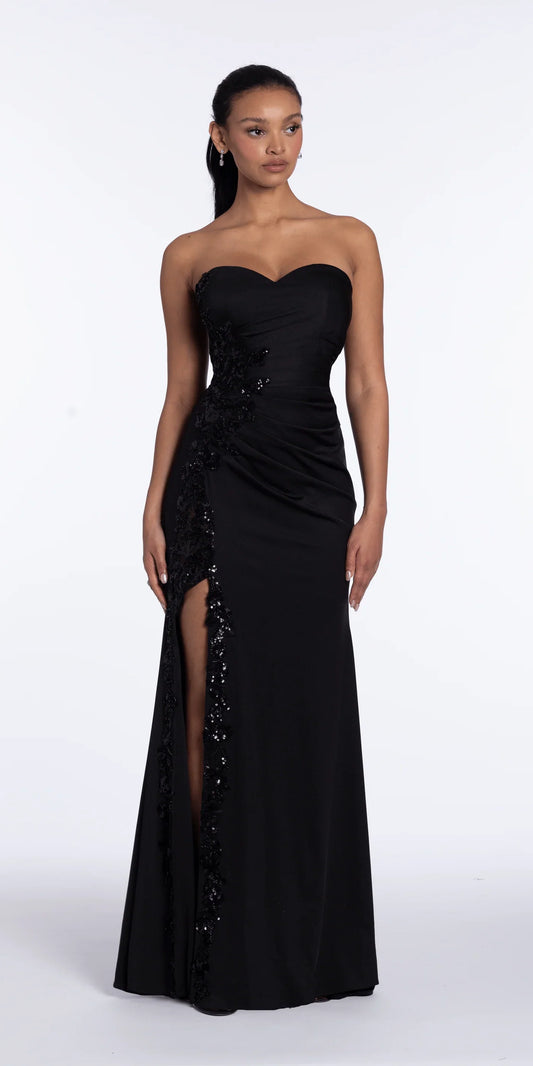 Sleek satin mermaid strapless sweetheart neck floor length evening dress with beaded floral applique, draped waist detail and high slit