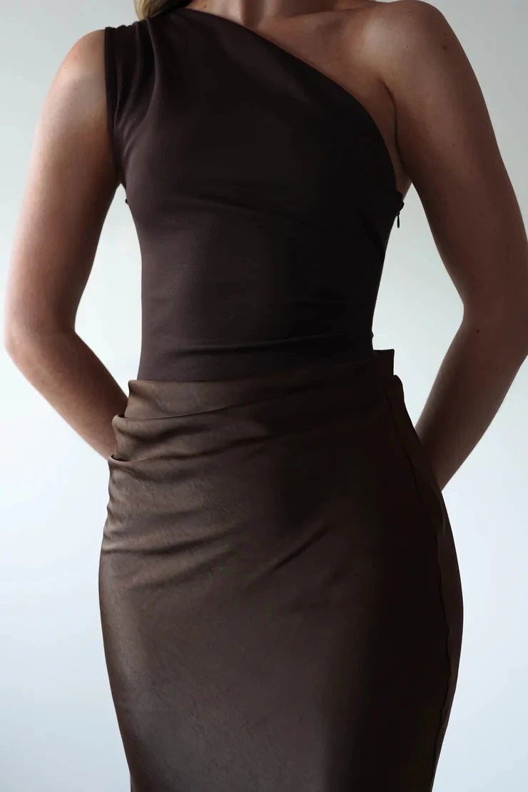 Sleek satin sheath one-shoulder open-back midi evening dress by YiHuiw