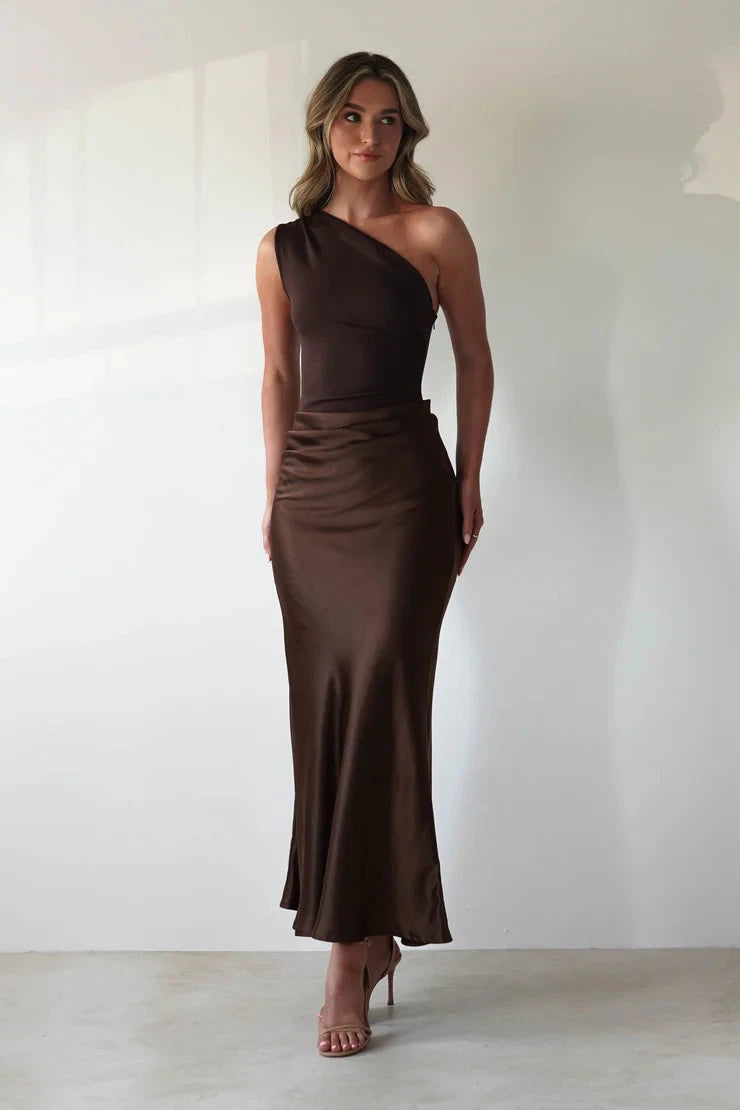 Sleek satin sheath one-shoulder open-back midi evening dress by YiHuiw