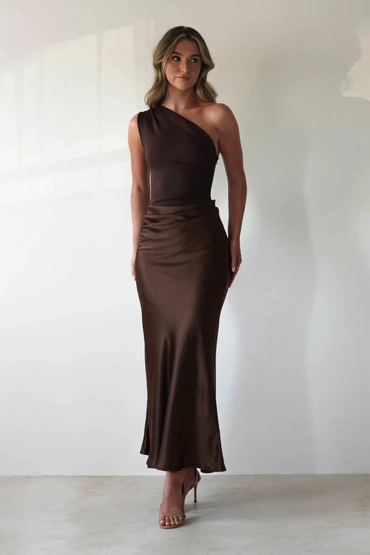 Sleek satin sheath one-shoulder open-back midi evening dress by YiHuiw