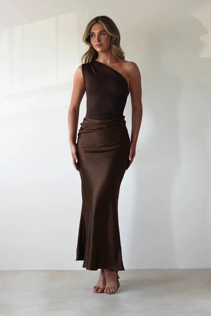 Sleek satin sheath one-shoulder open-back midi evening dress by YiHuiw