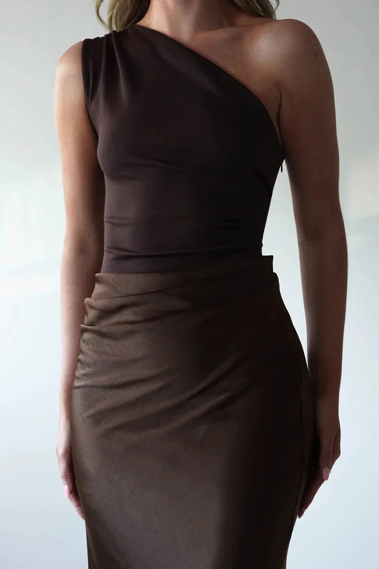 Sleek satin sheath one-shoulder open-back midi evening dress by YiHuiw
