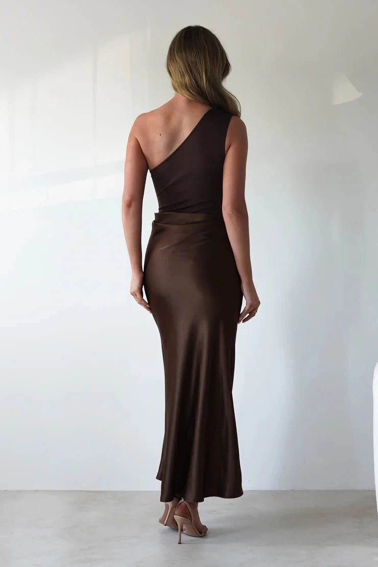 Sleek satin sheath one-shoulder open-back midi evening dress by YiHuiw