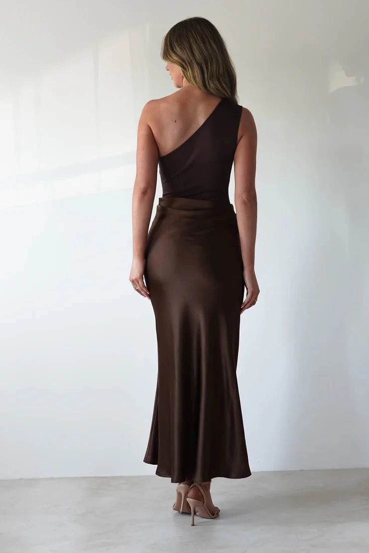 Sleek satin sheath one-shoulder open-back midi evening dress by YiHuiw
