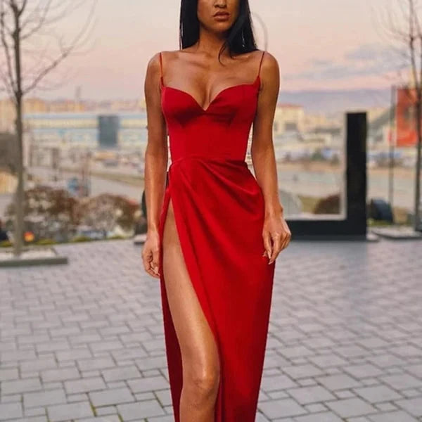Sleek satin sheath sweetheart spaghetti strap lace-back slit floor length evening dress by YiHuiw