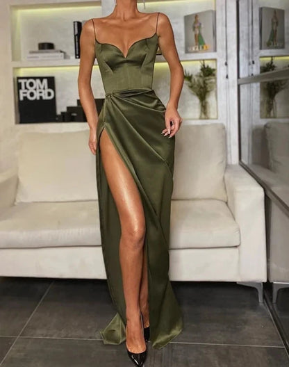 Sleek satin sheath sweetheart spaghetti strap lace-back slit floor length evening dress by YiHuiw