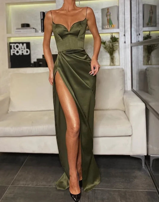 Sleek satin sheath sweetheart spaghetti strap lace-back slit floor length evening dress