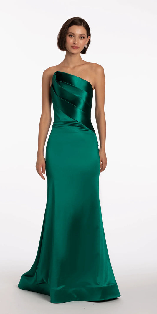 Sleek strapless satin evening dress with folded bodice detail, mermaid skirt and train