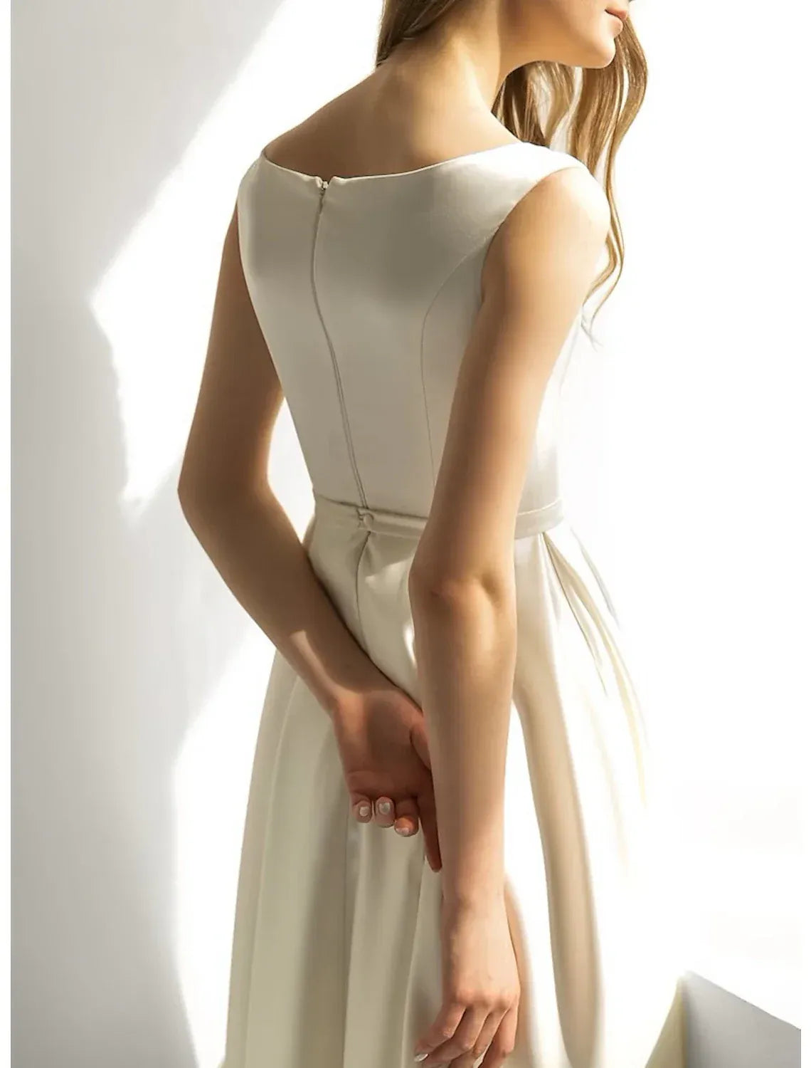 A-Line Satin Sleeveless Midi Wedding Gown - Yihuiw by Yihuiw