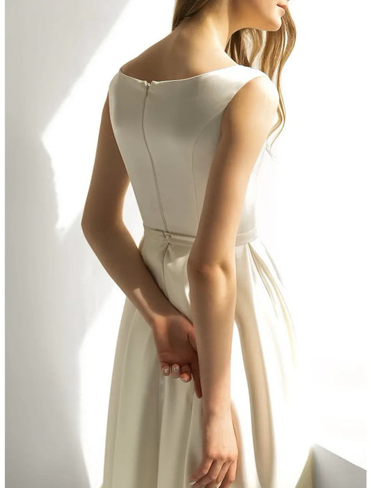 A-Line Satin Sleeveless Midi Wedding Gown - Yihuiw by Yihuiw