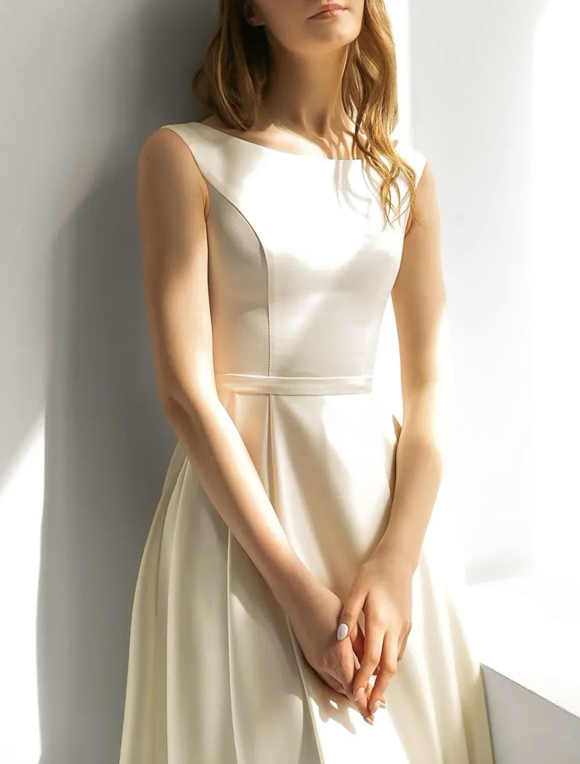 A-Line Satin Sleeveless Midi Wedding Gown - Yihuiw by Yihuiw