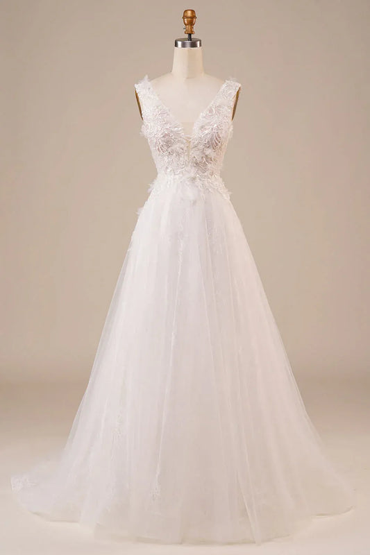 A-Line Tulle Sleeveless Train Wedding Dress - Yihuiw by Yihuiw