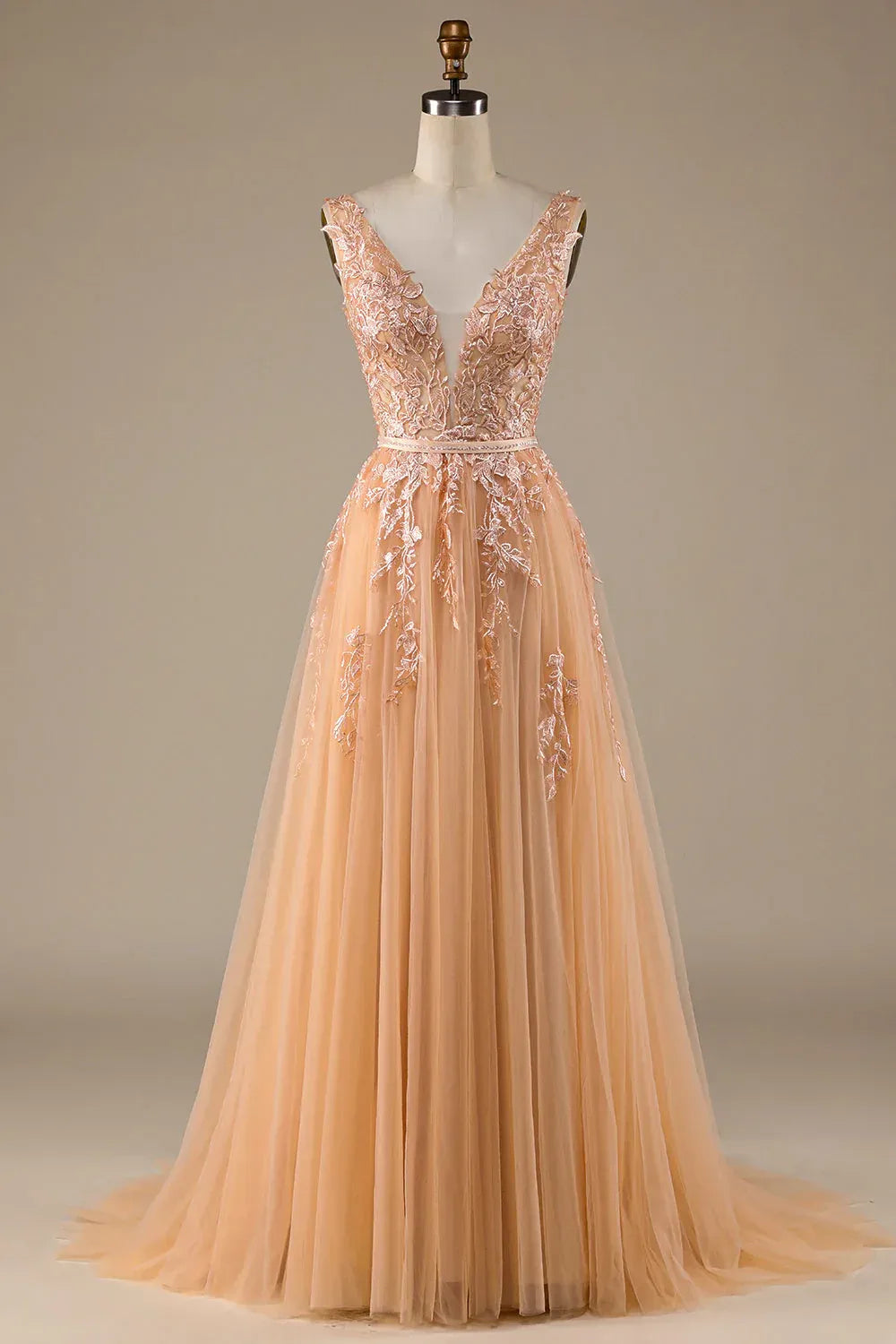 Champagne A-Line Tulle Sleeveless Train Evening Dress - Yihuiw by Yihuiw
