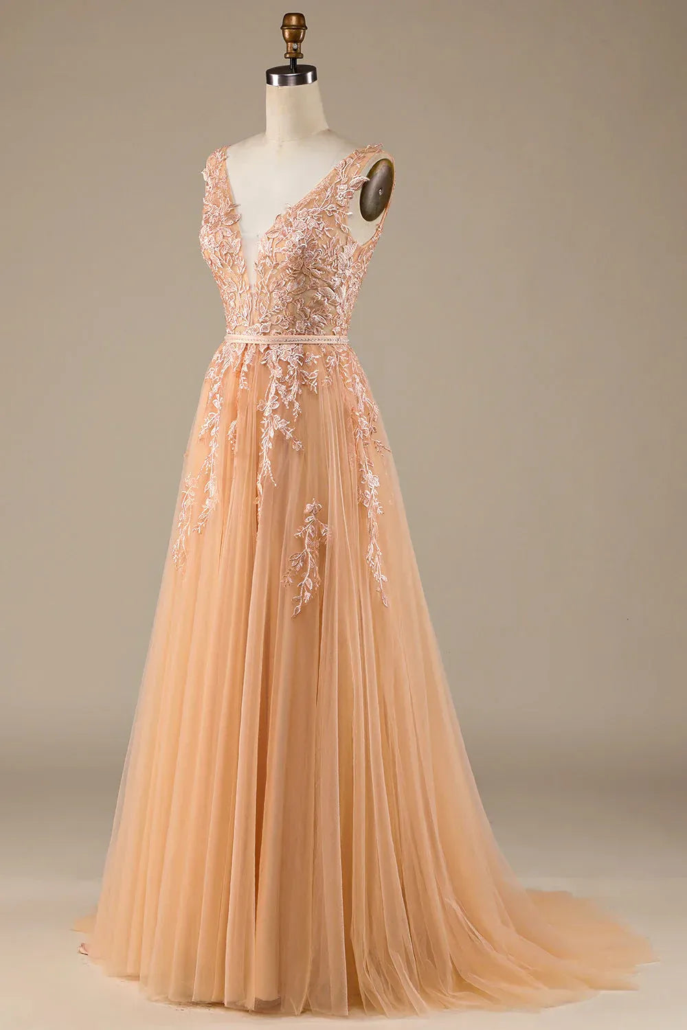Champagne A-Line Tulle Sleeveless Train Evening Dress - Yihuiw by Yihuiw