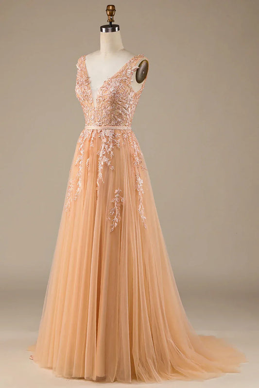 Champagne A-Line Tulle Sleeveless Train Evening Dress - Yihuiw by Yihuiw
