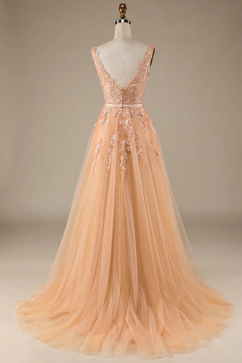 Champagne A-Line Tulle Sleeveless Train Evening Dress - Yihuiw by Yihuiw