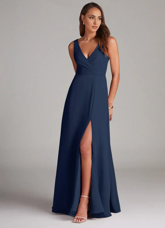 A-Line V-Neck Chiffon Sleeveless High Slit Wedding Dress - Yihuiw by Yihuiw
