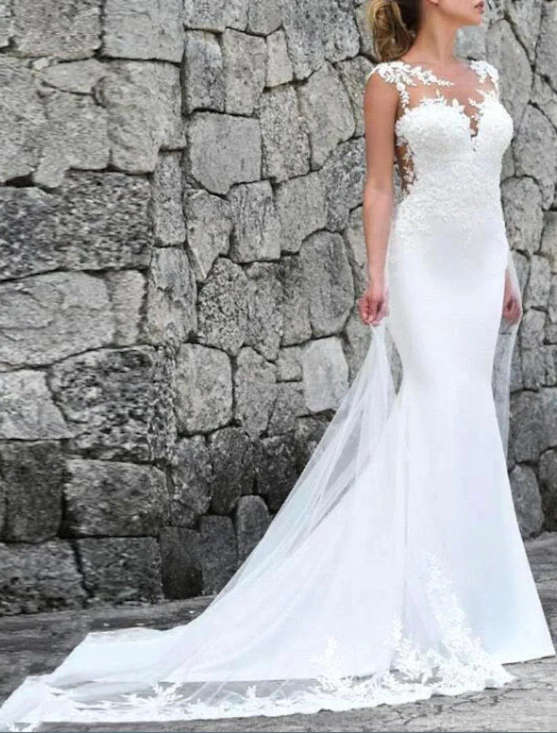 Mermaid Illusion Tulle Sleeveless Open Back Train Wedding Dress - Yihuiw by Yihuiw
