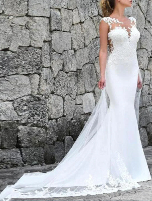 Mermaid Illusion Tulle Sleeveless Open Back Train Wedding Dress - Yihuiw by Yihuiw