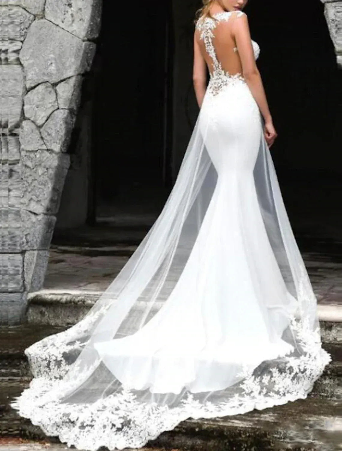 Mermaid Illusion Tulle Sleeveless Open Back Train Wedding Dress - Yihuiw by Yihuiw