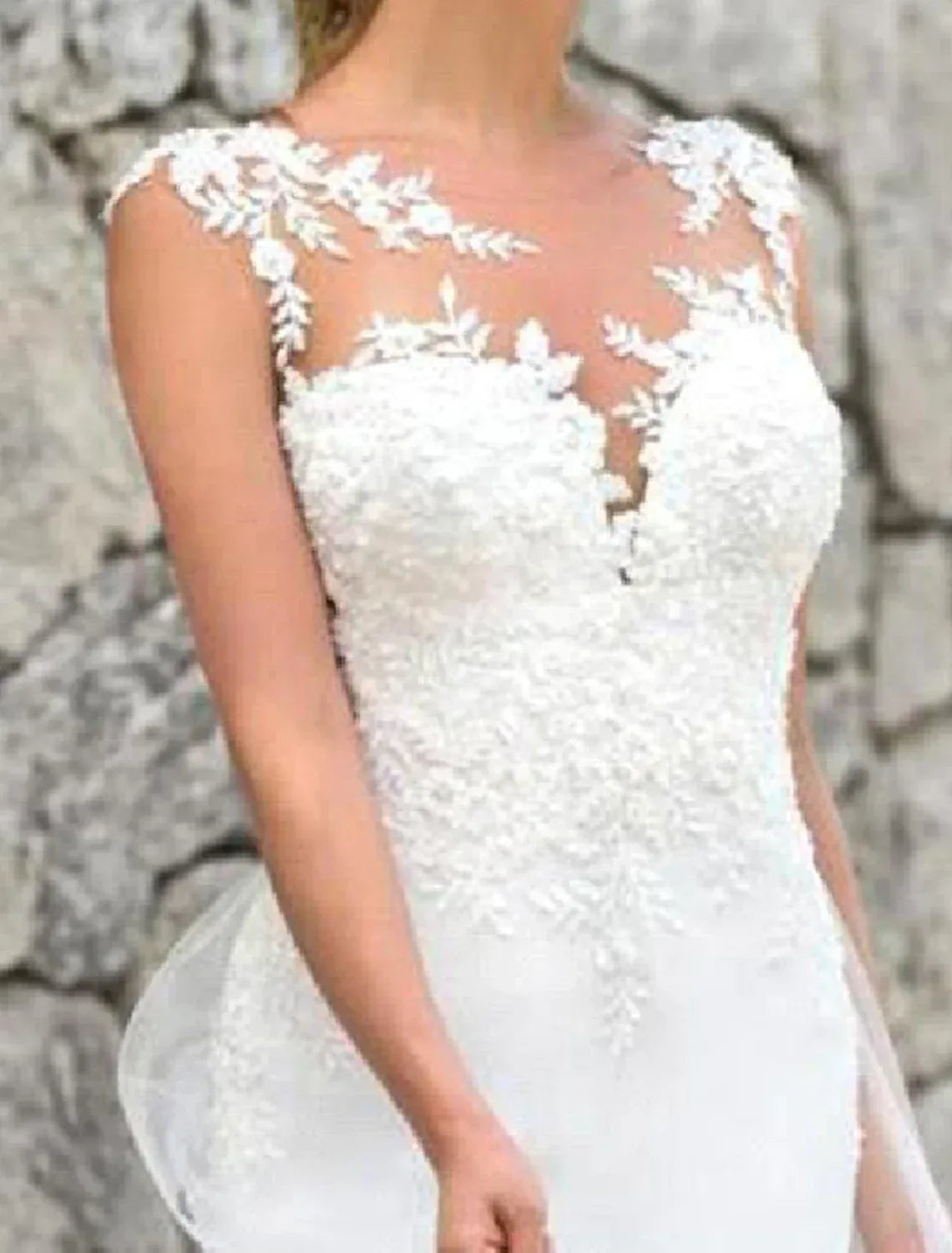 Mermaid Illusion Tulle Sleeveless Open Back Train Wedding Dress - Yihuiw by Yihuiw