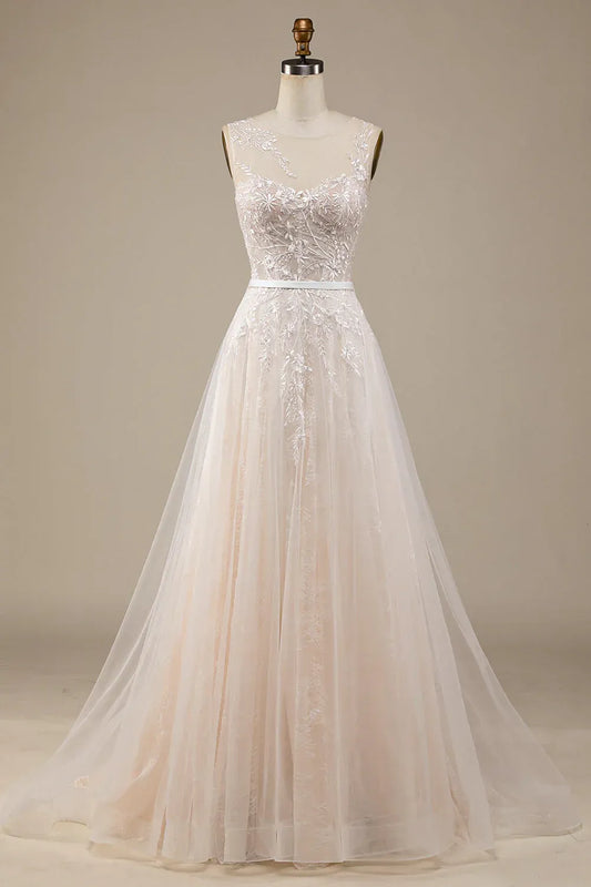 A-Line Illusion Tulle Sleeveless Train Wedding Dress - Yihuiw by Yihuiw