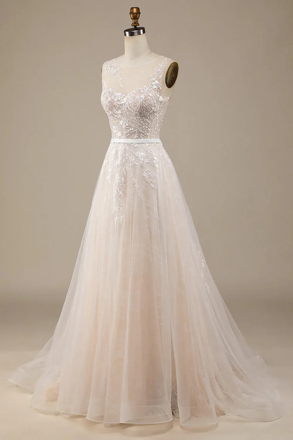 A-Line Illusion Tulle Sleeveless Train Wedding Dress - Yihuiw by Yihuiw