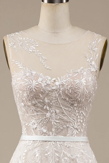 A-Line Illusion Tulle Sleeveless Train Wedding Dress - Yihuiw by Yihuiw